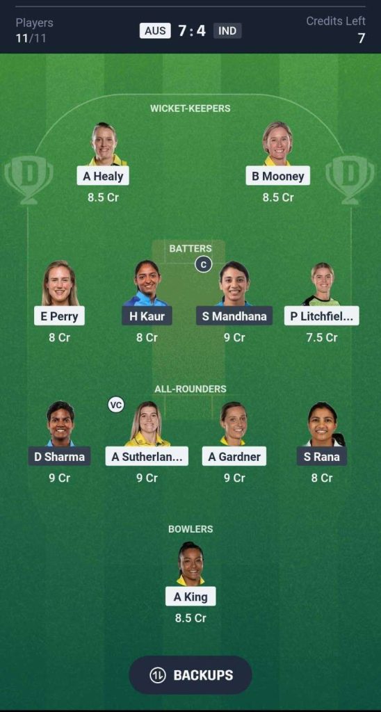 AUS-W vs IND-W Semi Final 2 Dream11 team